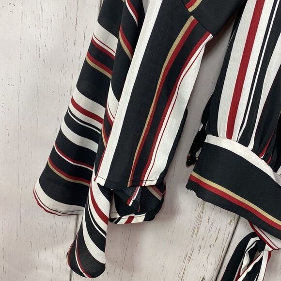 Guess Striped Off The Shoulder Bell Sleeve Blouse - Picture 15 of 16